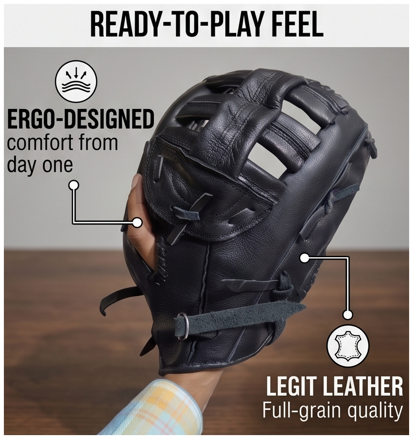 Erizal Sports Vintage Black Baseball GlovesVintage Black | Full-Grain Steerhide Leather Baseball and Softball Glove | Right Hand Throw | Adjustable Secure Fit | Handcrafted Mitt for Adults & Youth - Image 5